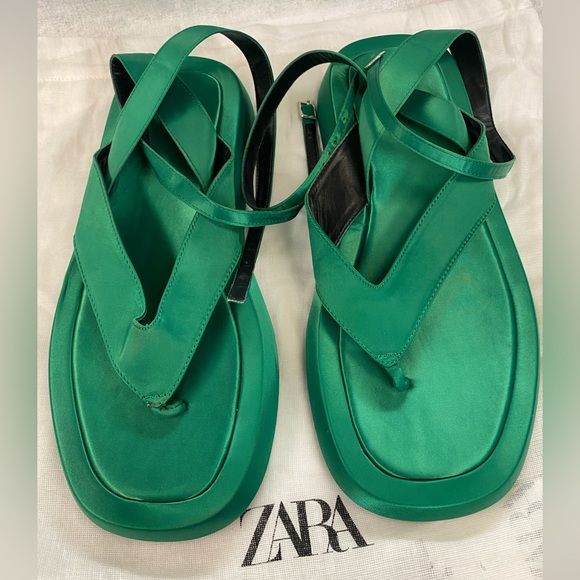 Zara Satin Effect Green Chunky ankle wrap thong sandals. STUNNING 💚 Size 8 - Picture 6 of 15